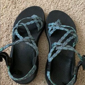 Blue green and purple chacos